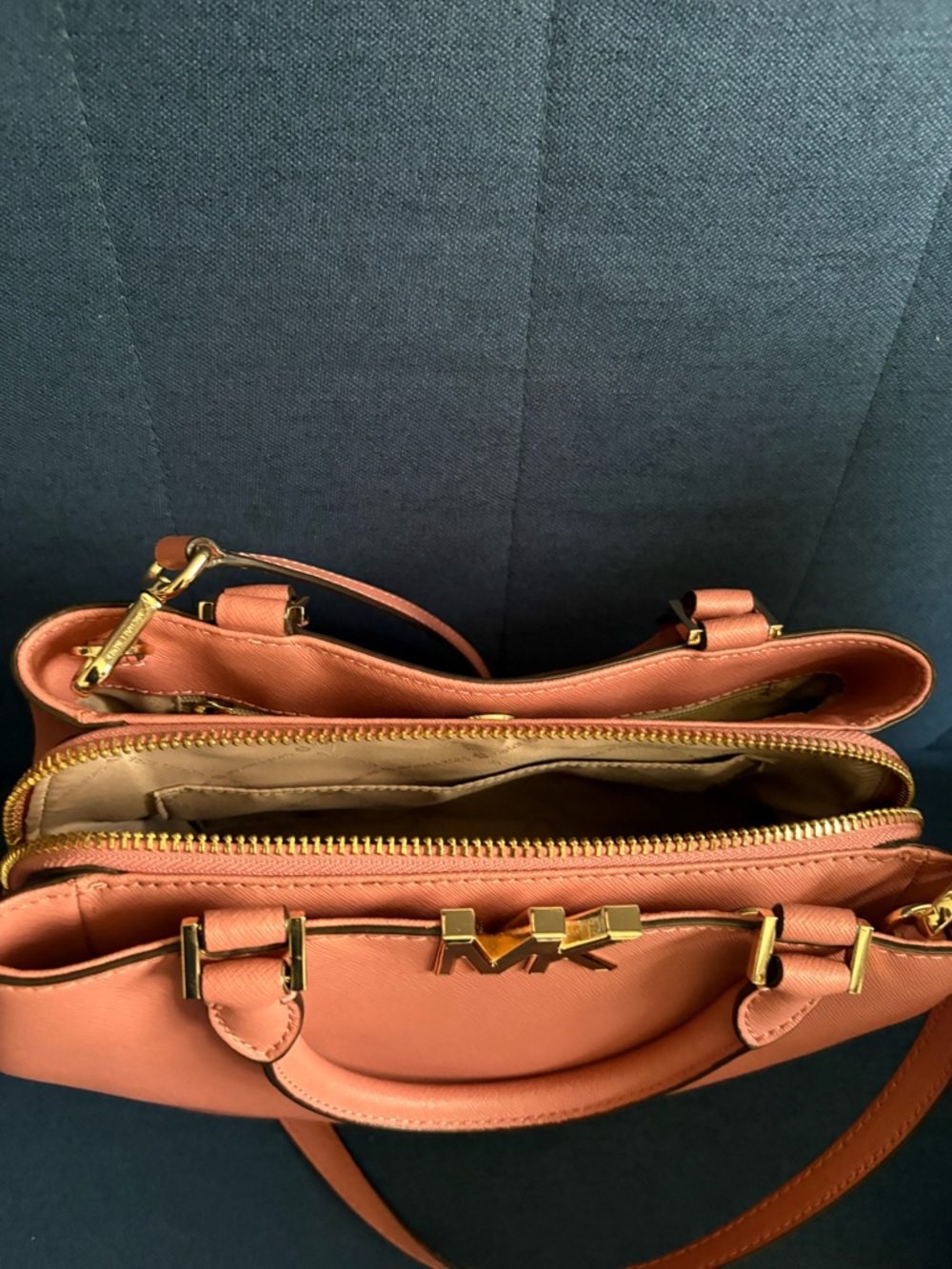Michael Kors Orange Saffiano Satchel with Gold MK Logo - Picture 5 of 6
